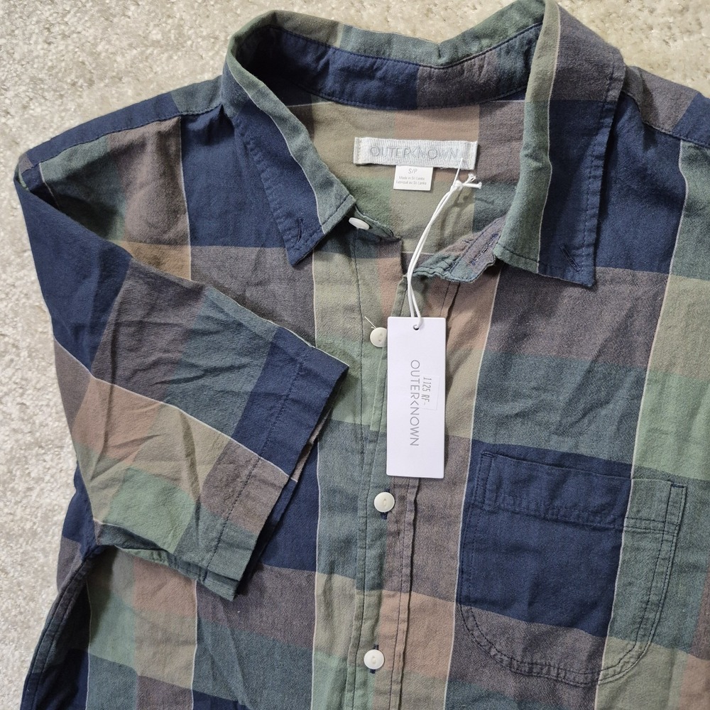 Outerknown Mens Small Blue Green Plaid Essential Button Up Shirt Beach Coastal
